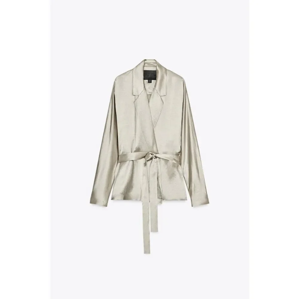 Zara Womens Satin Effect Blazer Jacket Belted XS Stone Limited Ed 8404/676 NWT